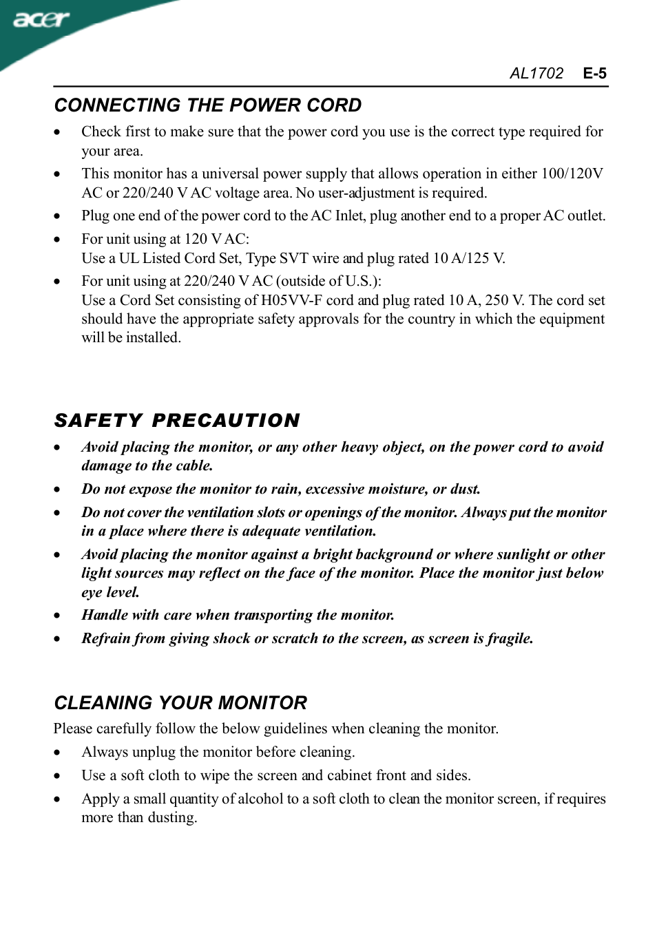 Connecting the power cord, Safety precaution, Cleaning your monitor | Acer AL1702 User Manual | Page 7 / 17
