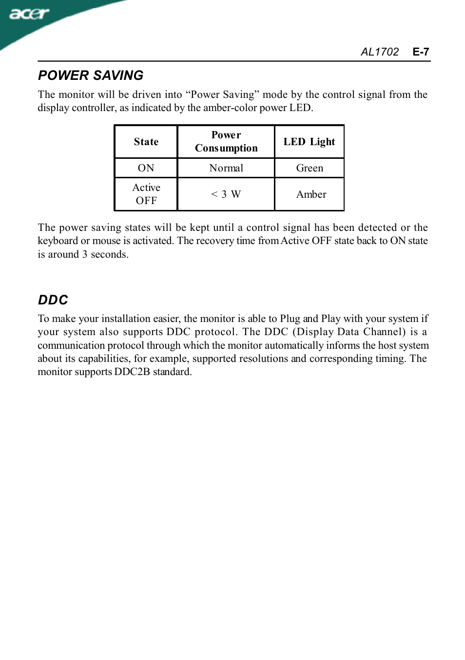 Power saving | Acer AL1702 User Manual | Page 9 / 17