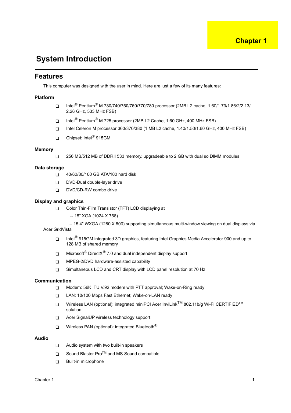 Features, System introduction, Chapter 1 | Acer 4060 User Manual | Page 10 / 99