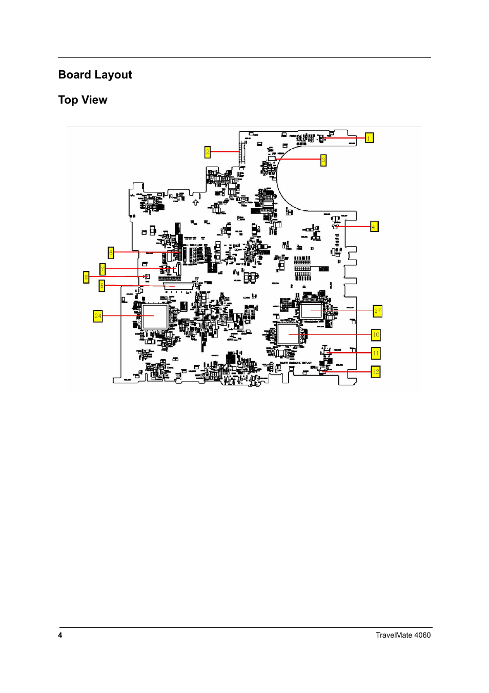 Board layout, Top view, Board layout top view | Acer 4060 User Manual | Page 13 / 99