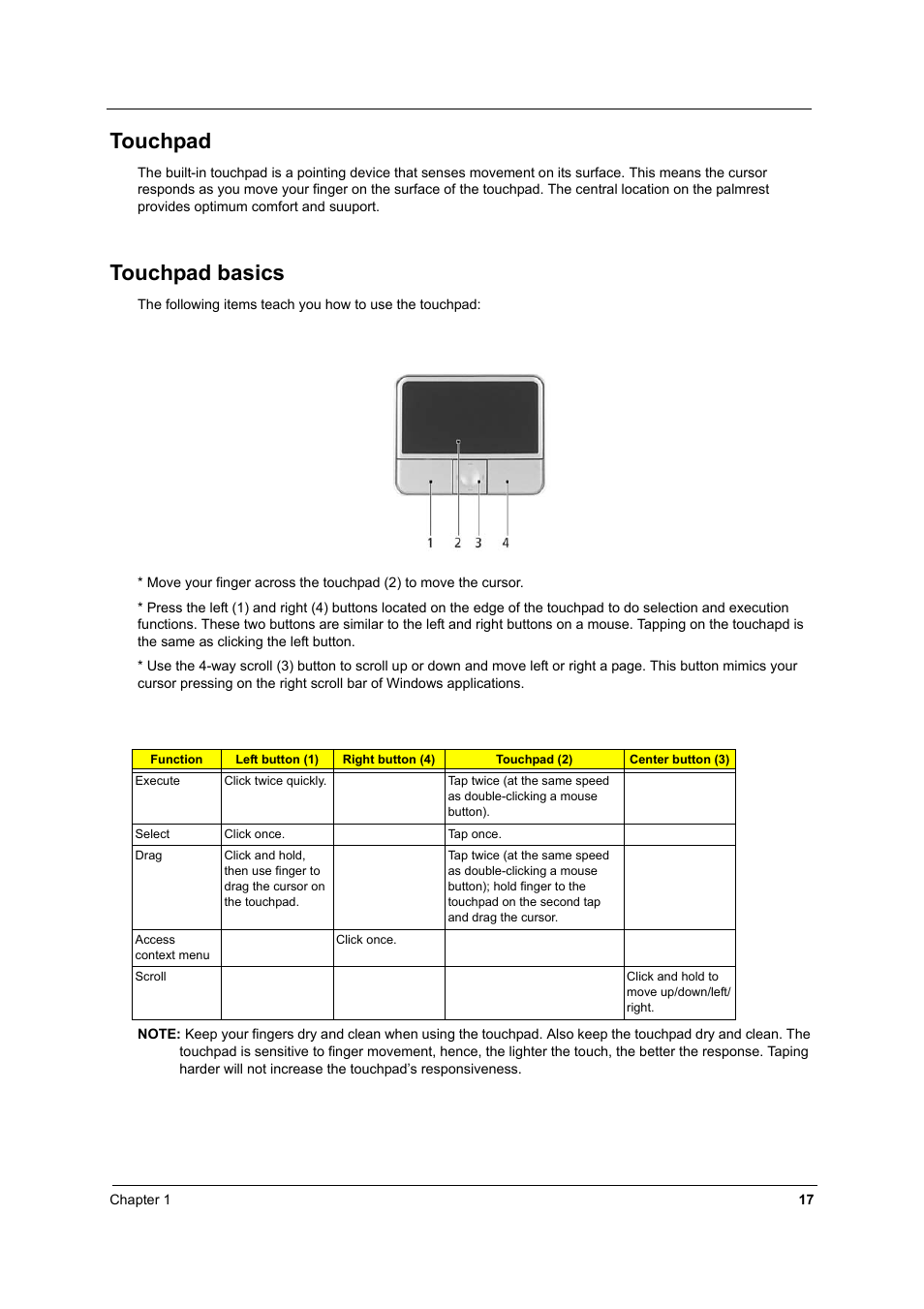 Touchpad, Touchpad basics | Acer 4060 User Manual | Page 26 / 99