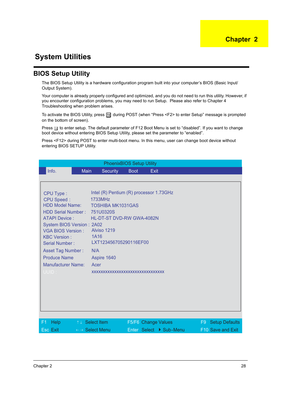 Bios setup utility, System utilities, Chapter 2 | Acer 4060 User Manual | Page 37 / 99