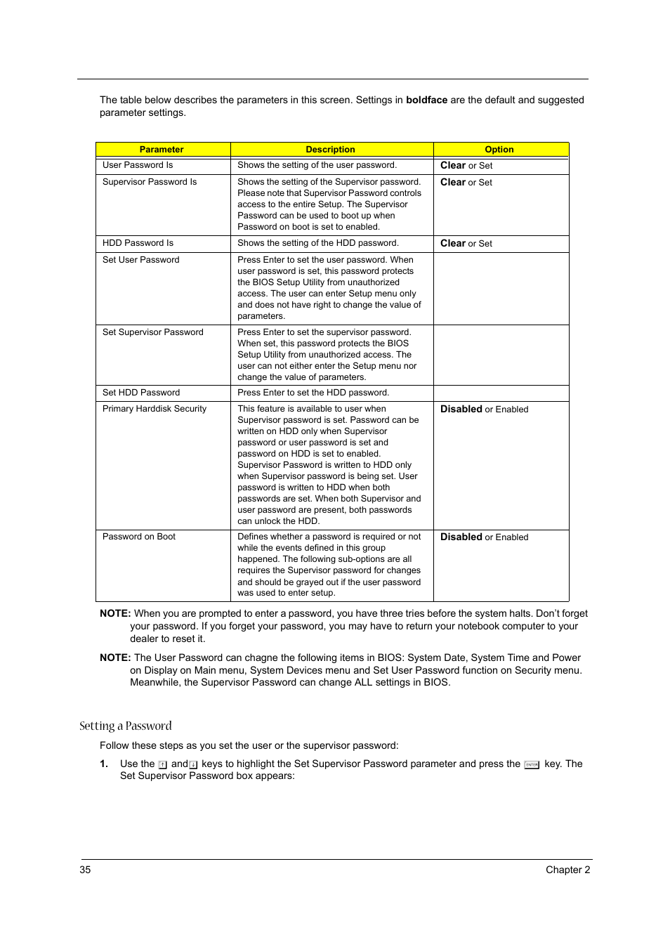 Setting a password | Acer 4060 User Manual | Page 44 / 99