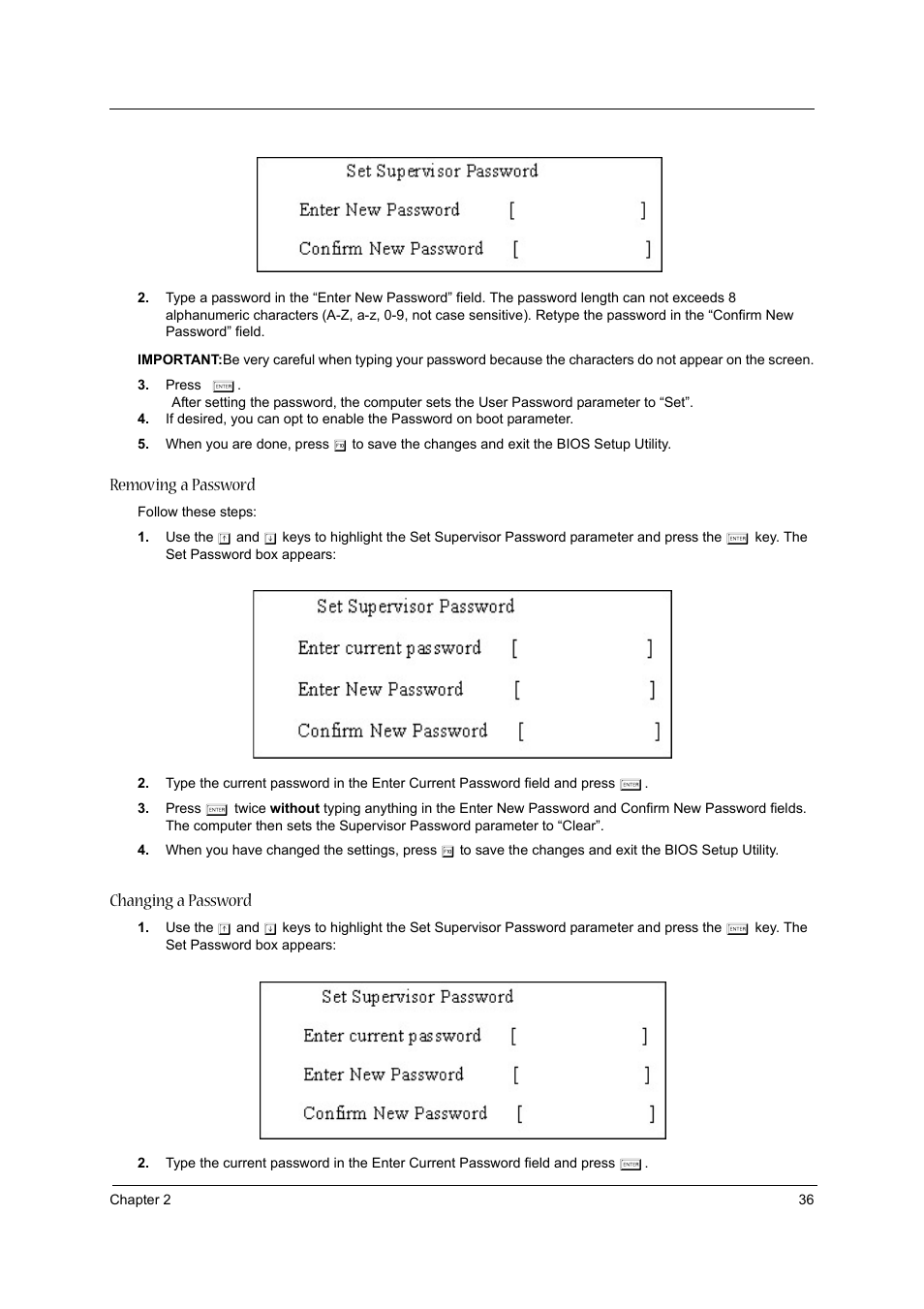 Removing a password, Changing a password | Acer 4060 User Manual | Page 45 / 99