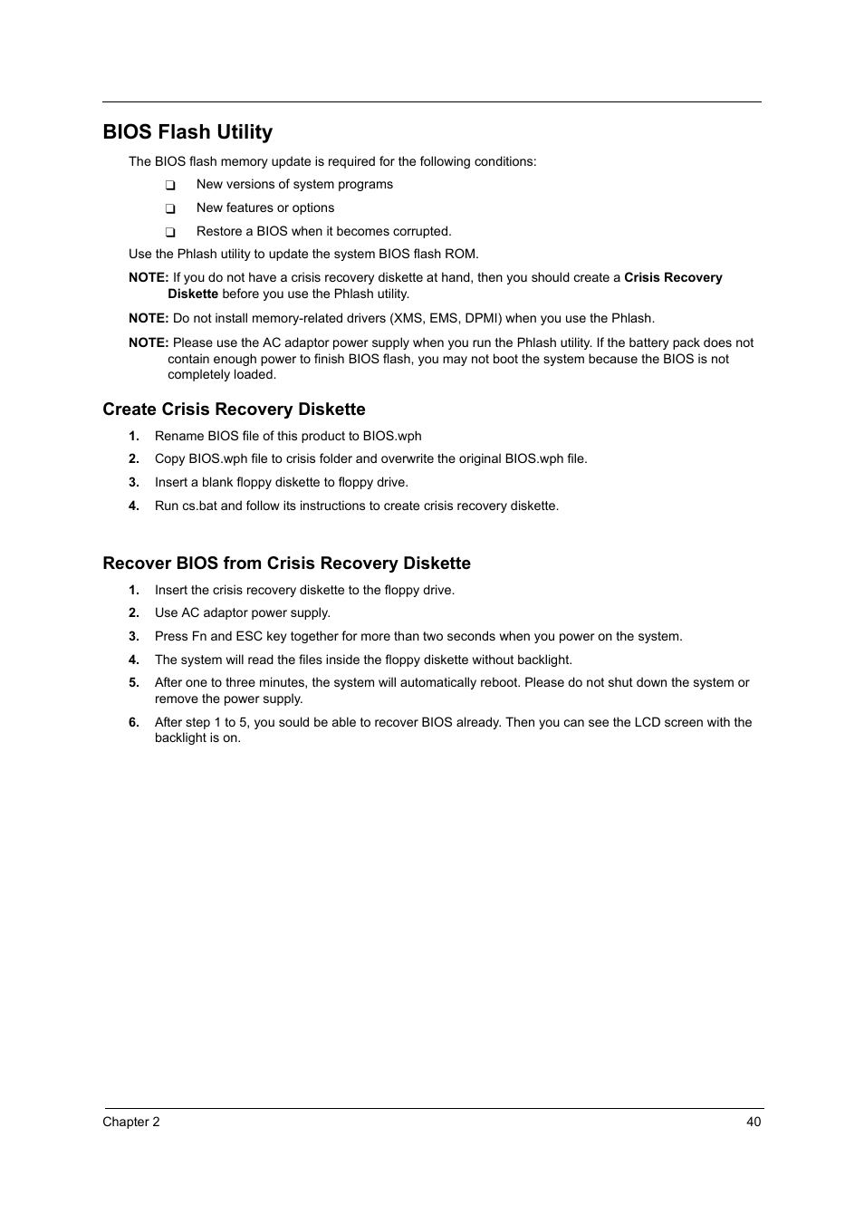 Bios flash utility, Create crisis recovery diskette, Recover bios from crisis recovery diskette | Acer 4060 User Manual | Page 49 / 99