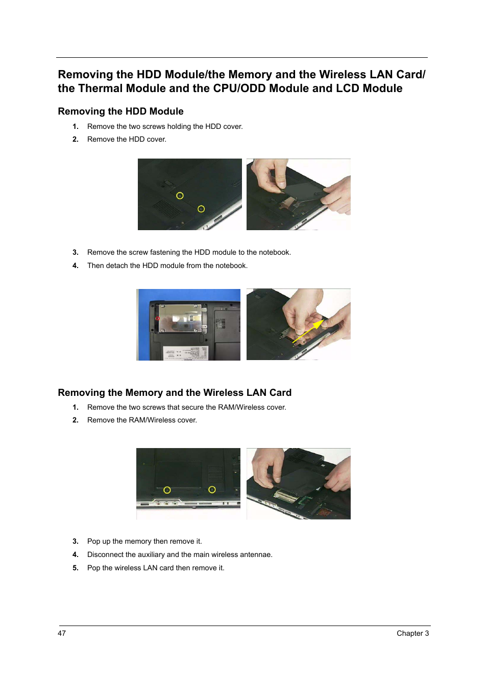 Removing the hdd module, Removing the memory and the wireless lan card | Acer 4060 User Manual | Page 56 / 99