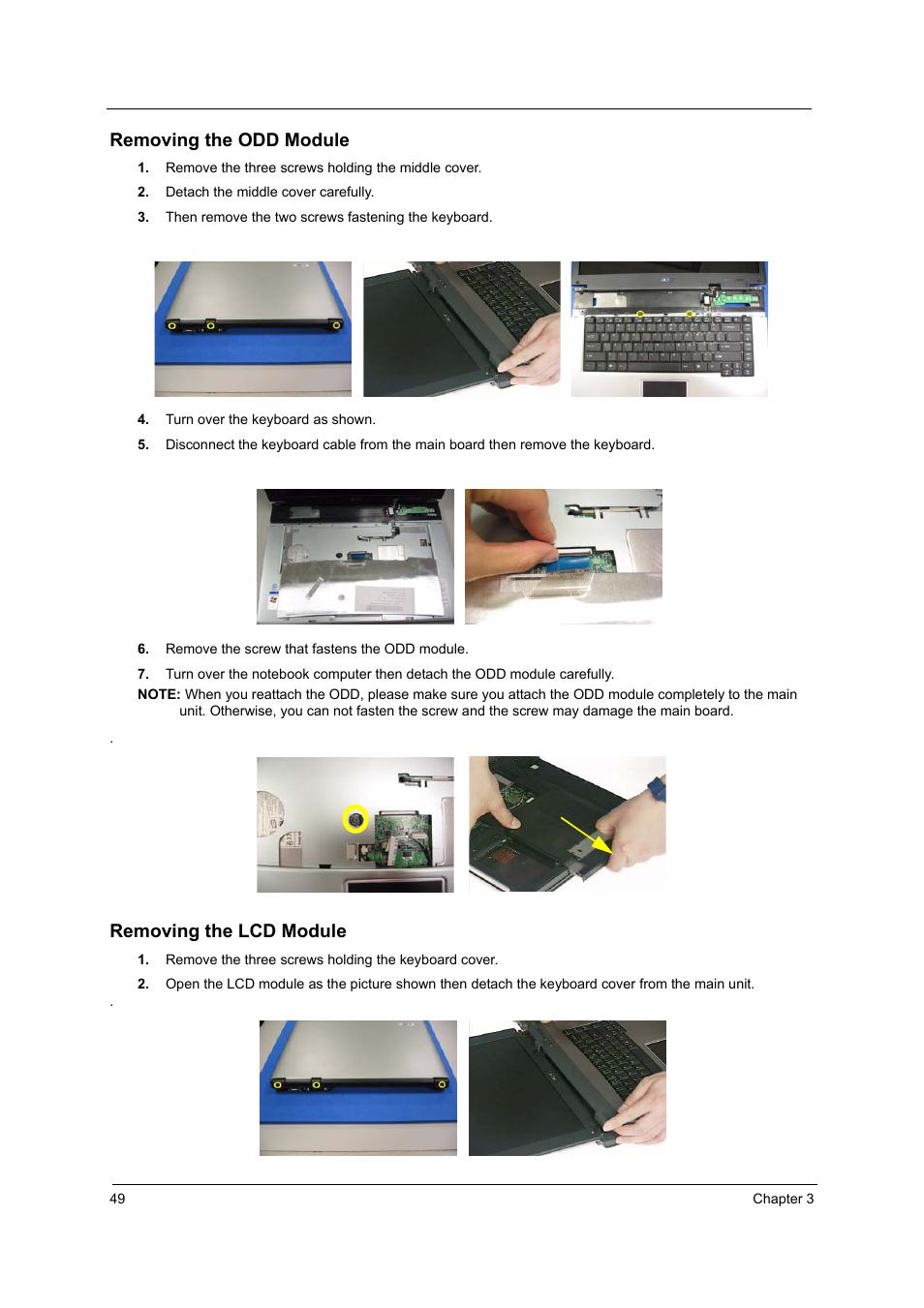 Removing the odd module, Removing the lcd module | Acer 4060 User Manual | Page 58 / 99