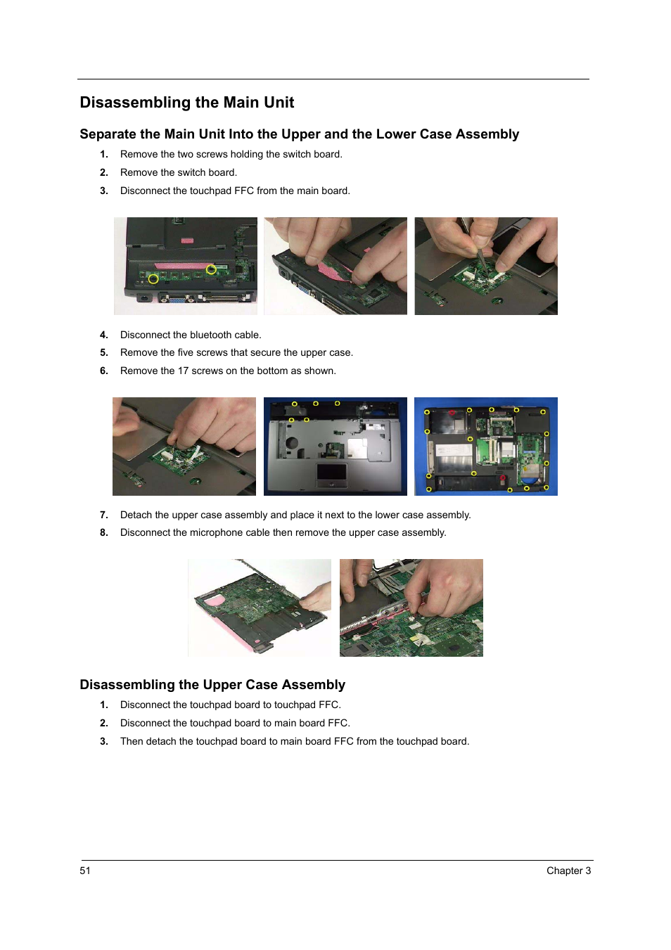 Disassembling the main unit, Disassembling the upper case assembly | Acer 4060 User Manual | Page 60 / 99