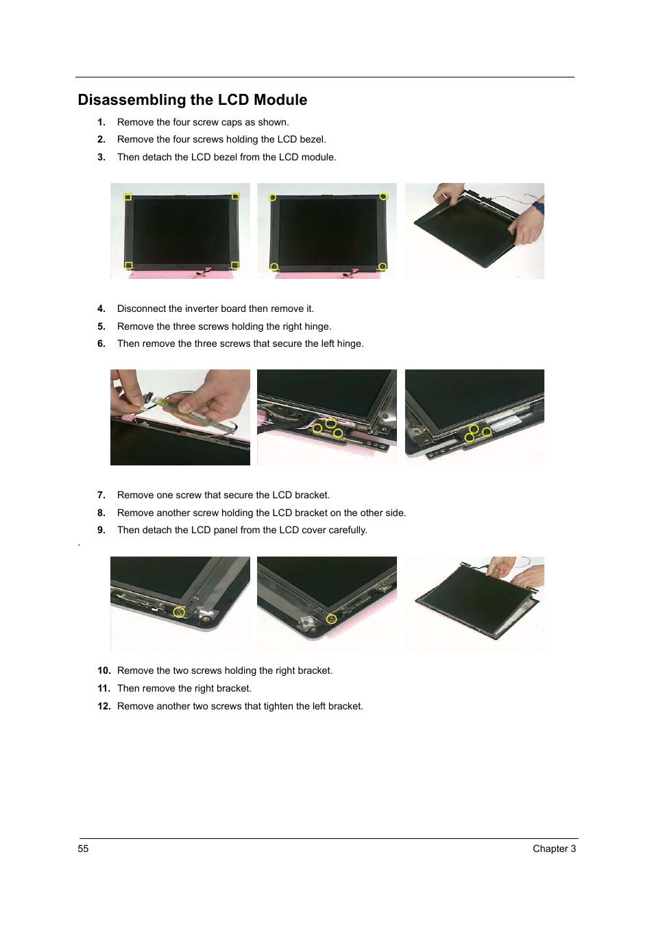 Disassembling the lcd module | Acer 4060 User Manual | Page 64 / 99