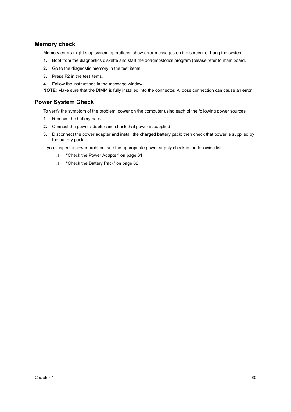 Memory check, Power system check | Acer 4060 User Manual | Page 69 / 99