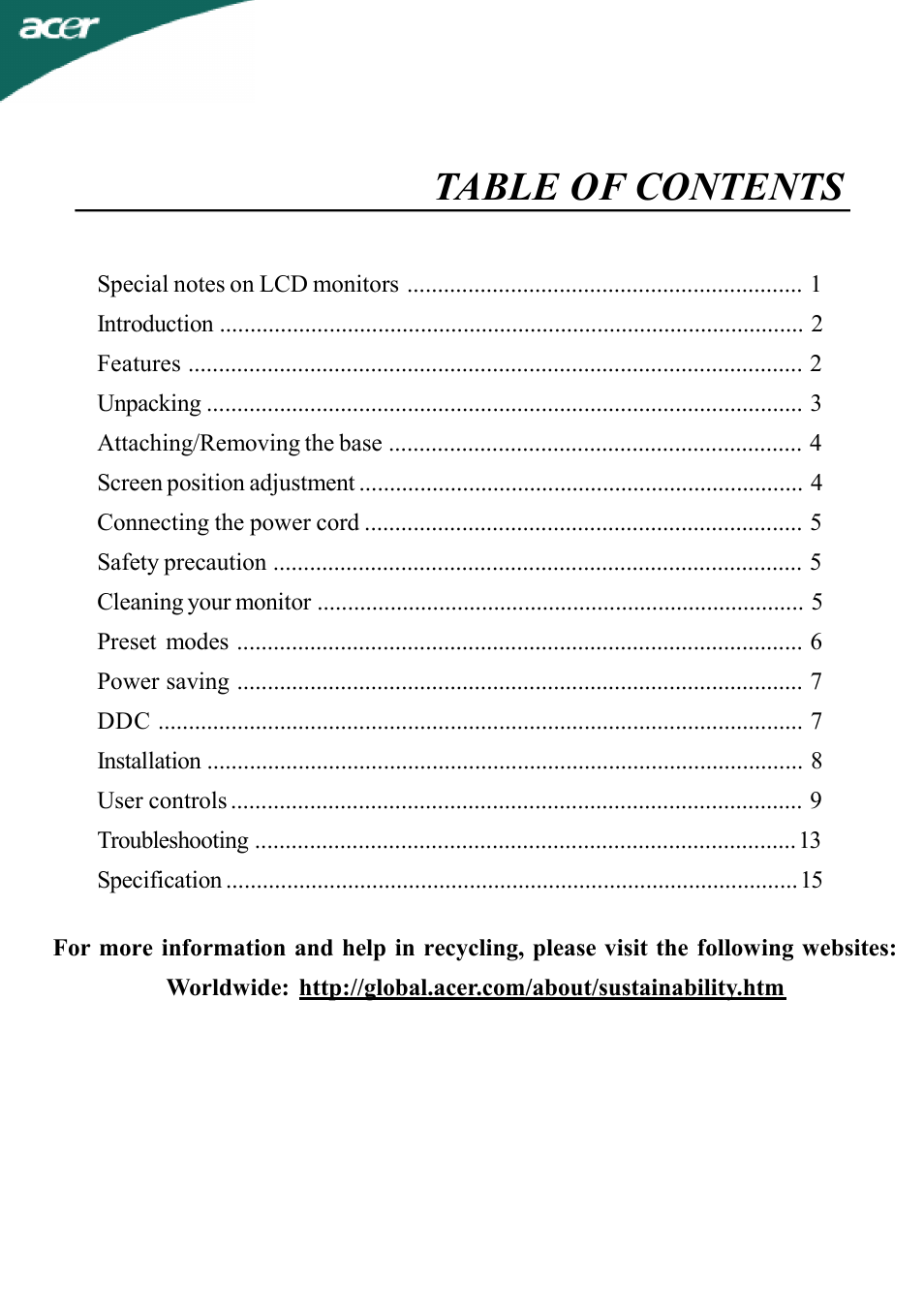 Acer AL1716W User Manual | 17 pages