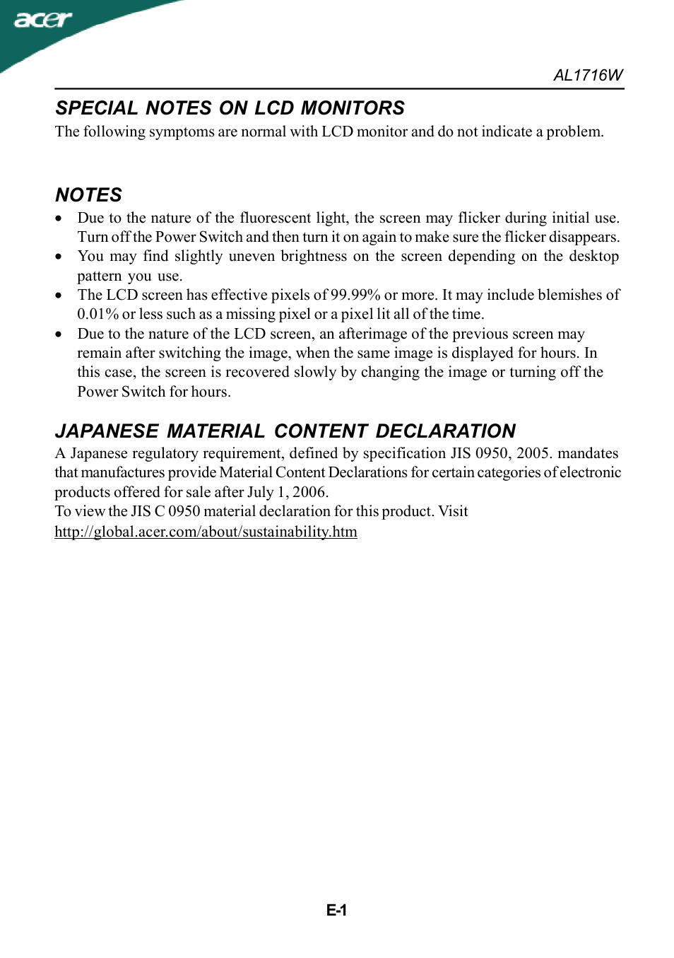 Japanese material content declaration | Acer AL1716W User Manual | Page 2 / 17