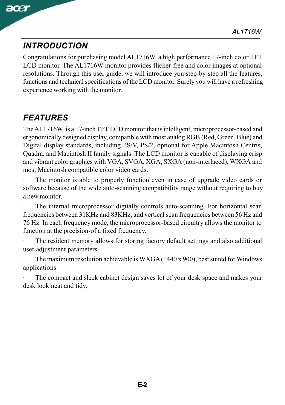 Introduction, Features | Acer AL1716W User Manual | Page 3 / 17