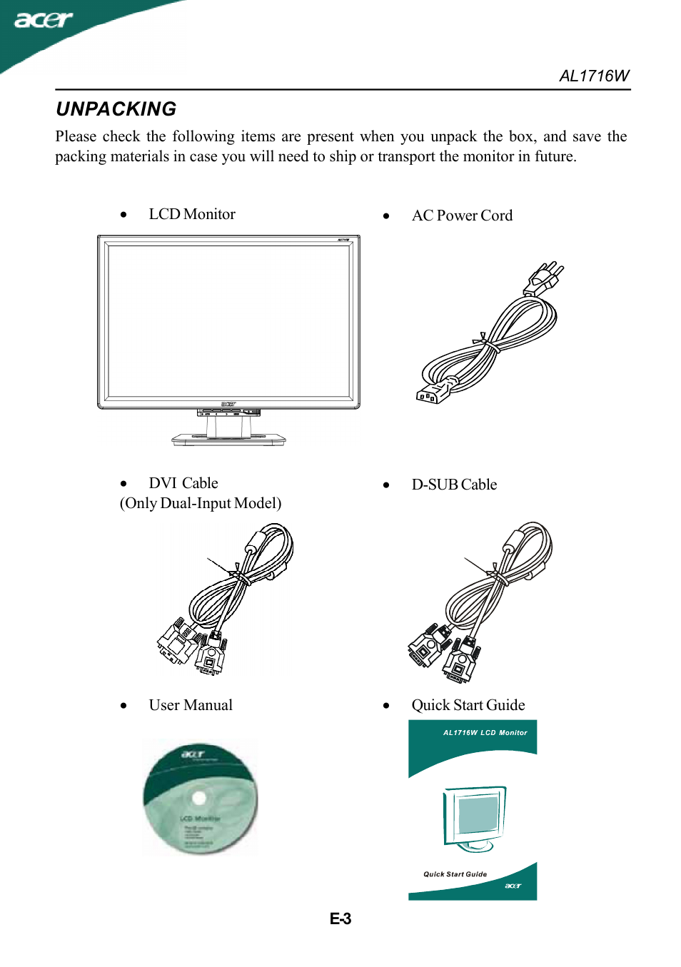 Unpacking | Acer AL1716W User Manual | Page 4 / 17