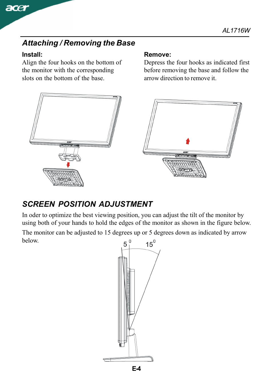 Screen position adjustment, Attaching / removing the base | Acer AL1716W User Manual | Page 5 / 17