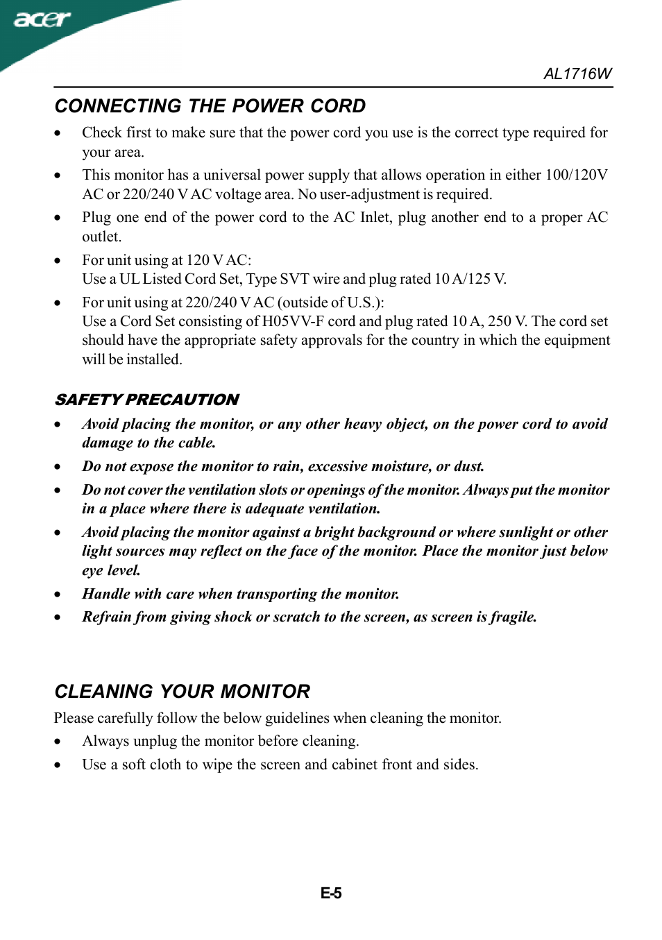 Connecting the power cord, Cleaning your monitor | Acer AL1716W User Manual | Page 6 / 17