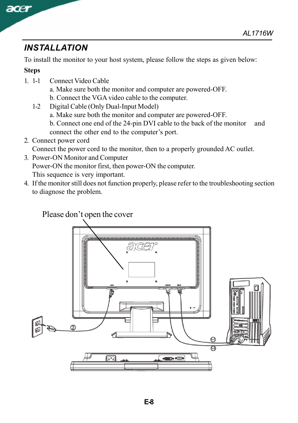 Installation, Please don’t open the cover | Acer AL1716W User Manual | Page 9 / 17