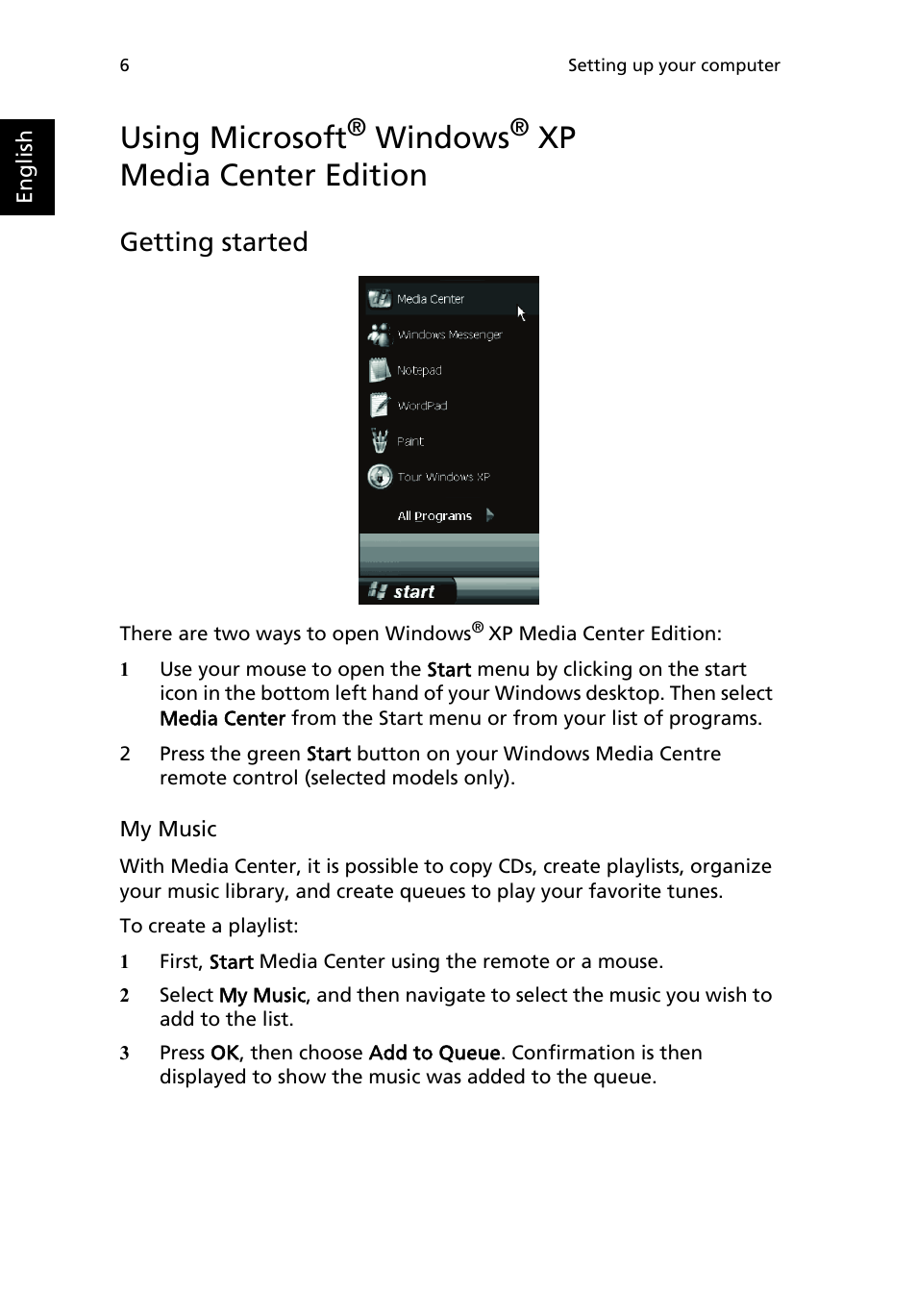 Using microsoft® windows® xp media center edition, Using microsoft, Getting started | Windows, Xp media center edition | Acer Aspire L series User Manual | Page 10 / 22