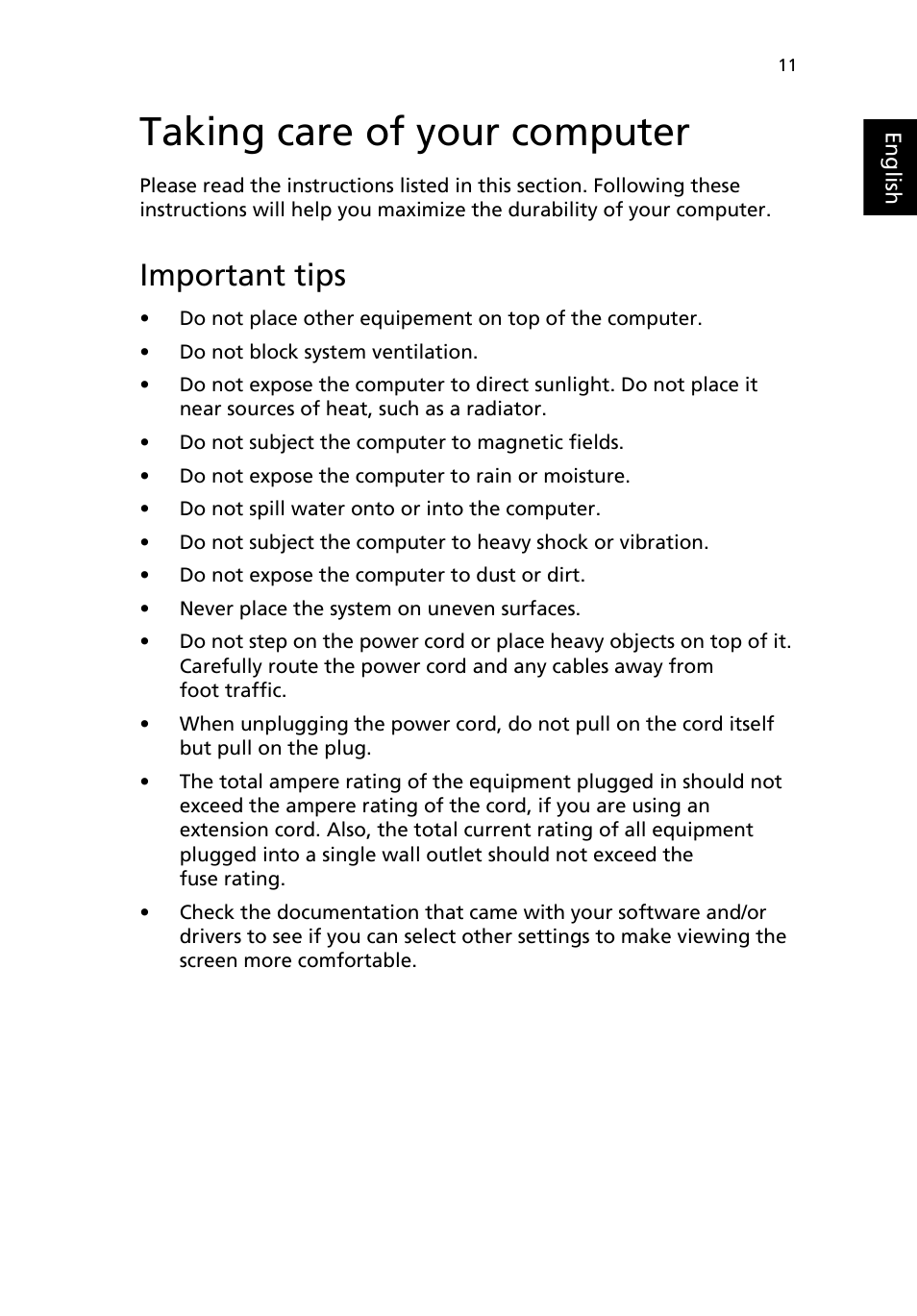 Taking care of your computer, Important tips | Acer Aspire L series User Manual | Page 15 / 22