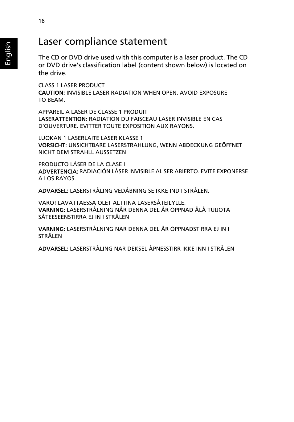 Laser compliance statement | Acer Aspire L series User Manual | Page 20 / 22