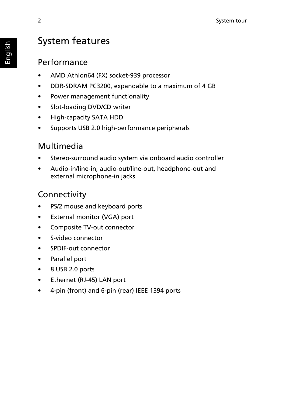 System features, Performance, Multimedia | Connectivity | Acer Aspire L series User Manual | Page 6 / 22