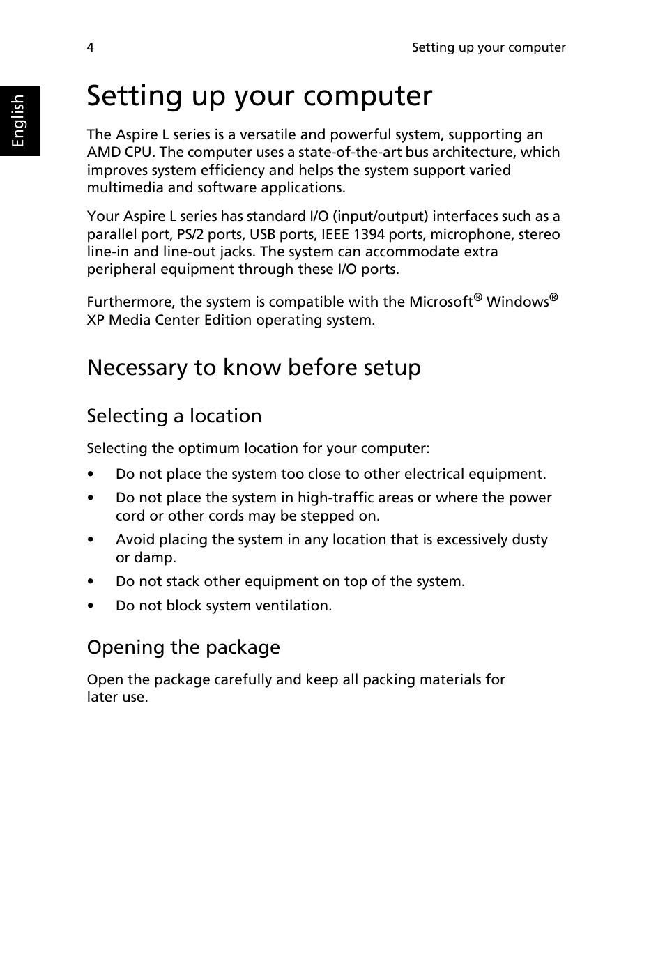 Setting up your computer, Necessary to know before setup, Selecting a location | Opening the package | Acer Aspire L series User Manual | Page 8 / 22