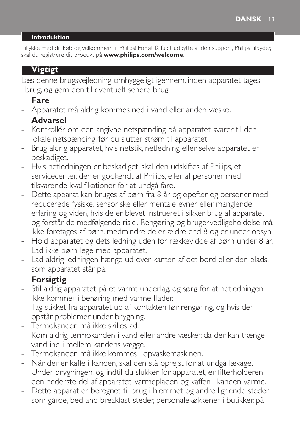 Dansk | Philips Intense Kaffeemaschine User Manual | Page 13 / 68