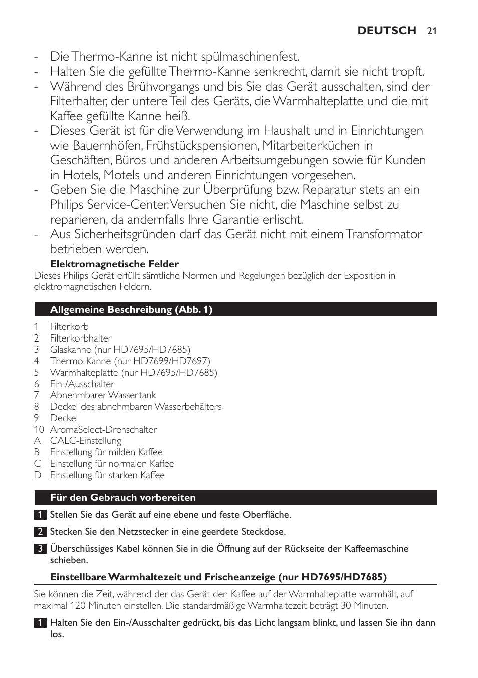 Philips Intense Kaffeemaschine User Manual | Page 21 / 68