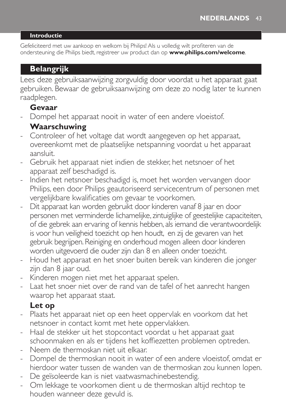 Nederlands, Nederlands 43 | Philips Intense Kaffeemaschine User Manual | Page 43 / 68