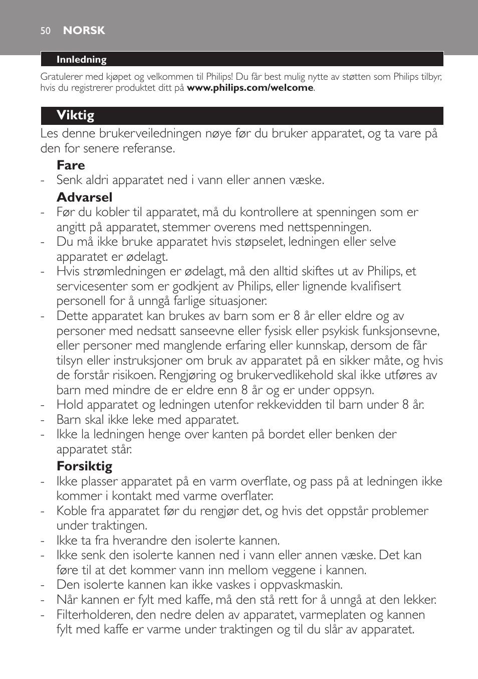 Norsk, Norsk 50 | Philips Intense Kaffeemaschine User Manual | Page 50 / 68