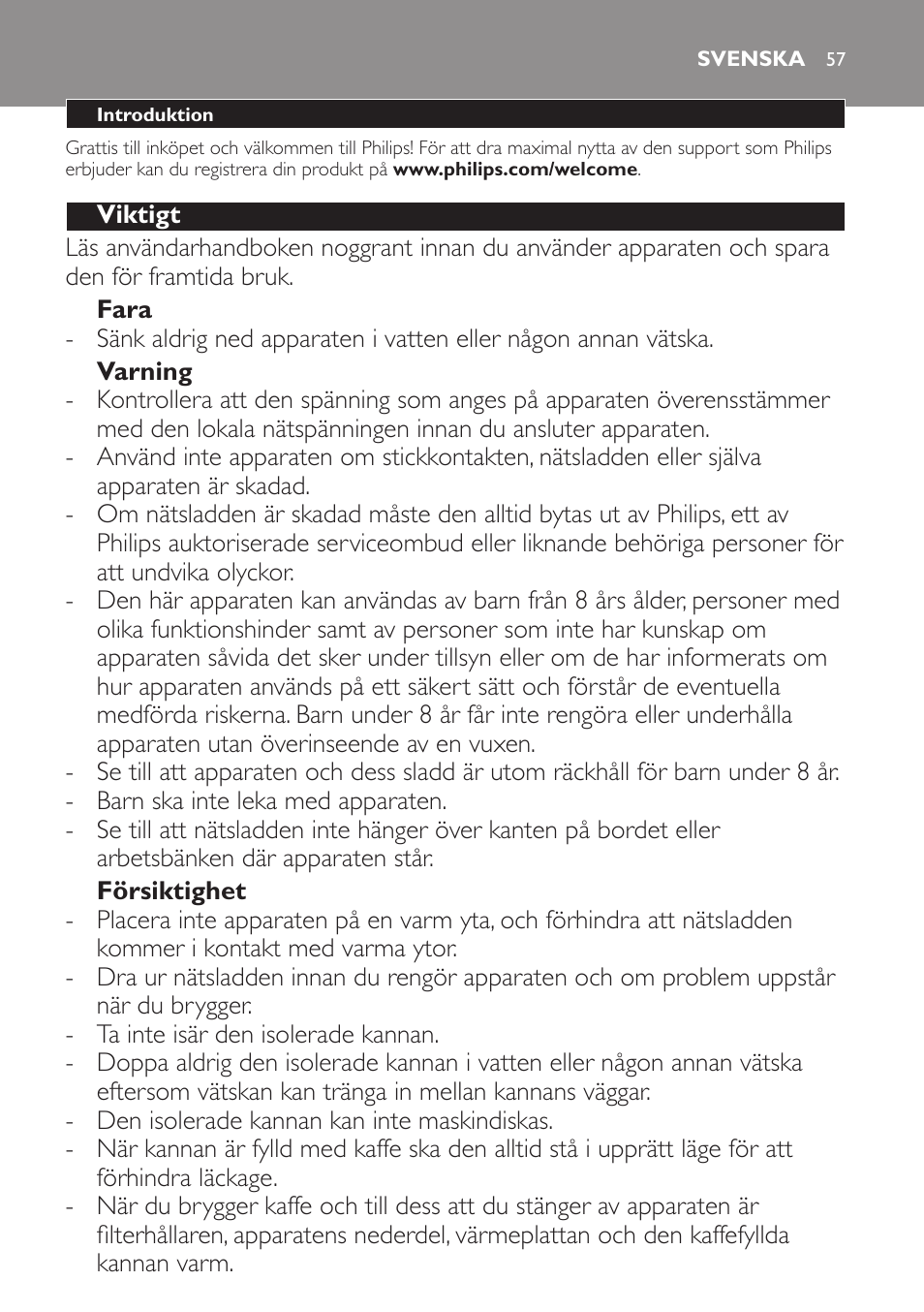 Svenska, Svenska 5 | Philips Intense Kaffeemaschine User Manual | Page 57 / 68