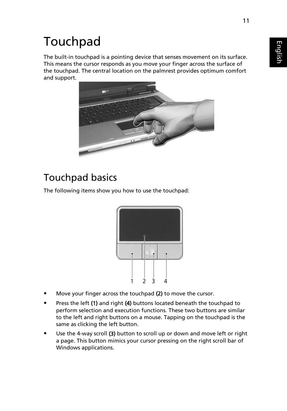 Touchpad, Touchpad basics | Acer 3630 User Manual | Page 21 / 81