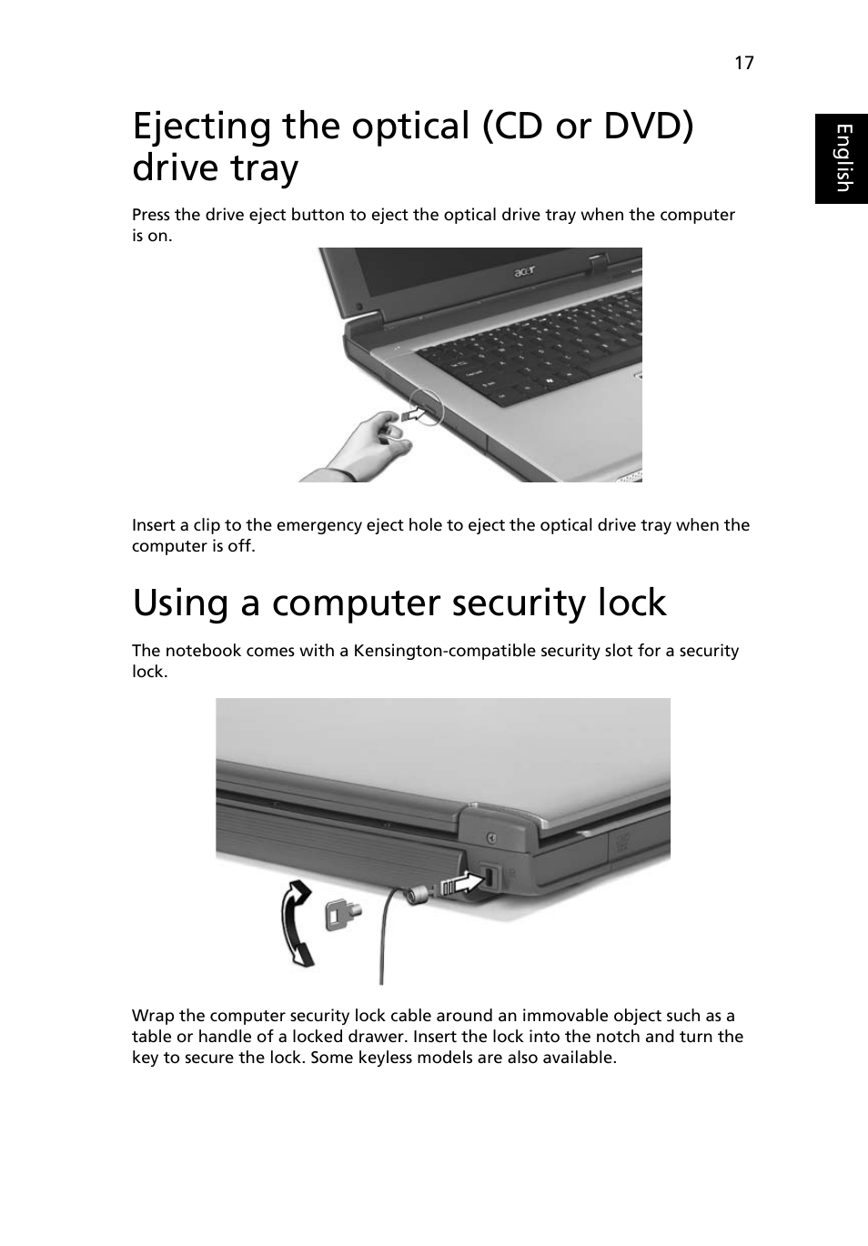 Ejecting the optical (cd or dvd) drive tray, Using a computer security lock | Acer 3630 User Manual | Page 27 / 81