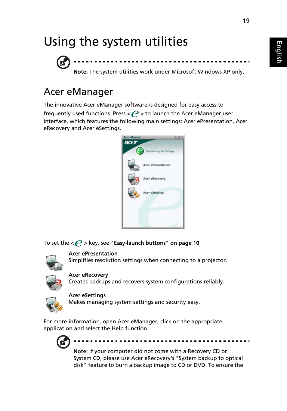 Using the system utilities, Acer emanager | Acer 3630 User Manual | Page 29 / 81