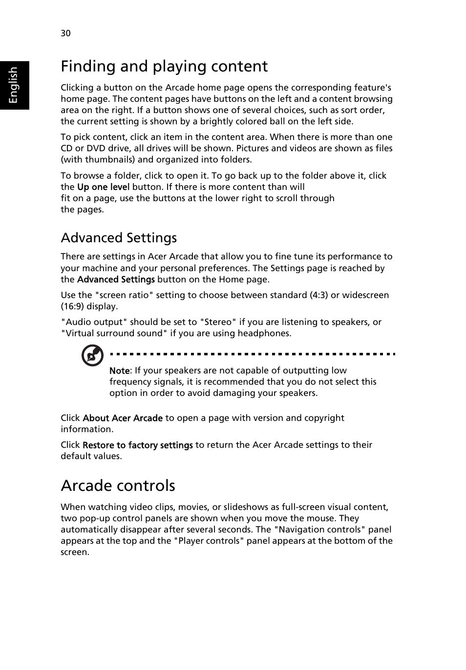 Finding and playing content, Arcade controls, Advanced settings | Acer 3630 User Manual | Page 40 / 81