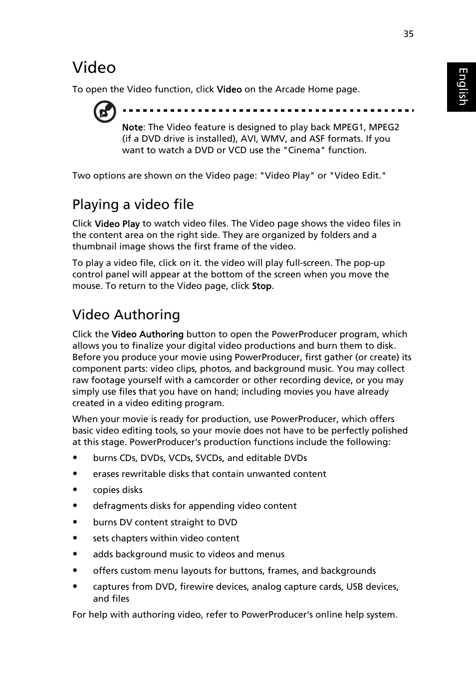 Video, Playing a video file, Video authoring | Acer 3630 User Manual | Page 45 / 81