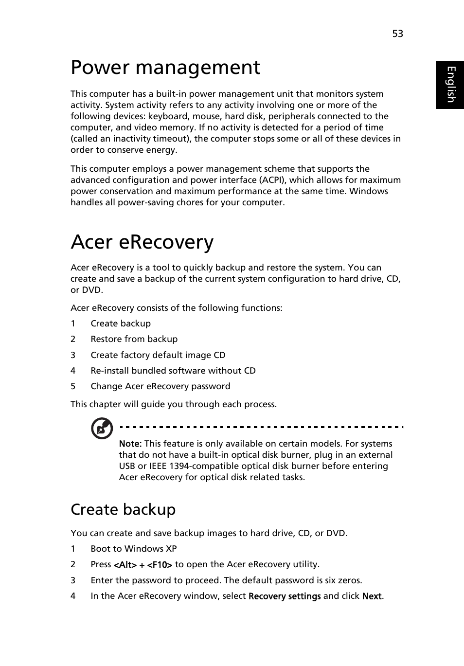 Power management, Acer erecovery, Create backup | Acer 3630 User Manual | Page 63 / 81