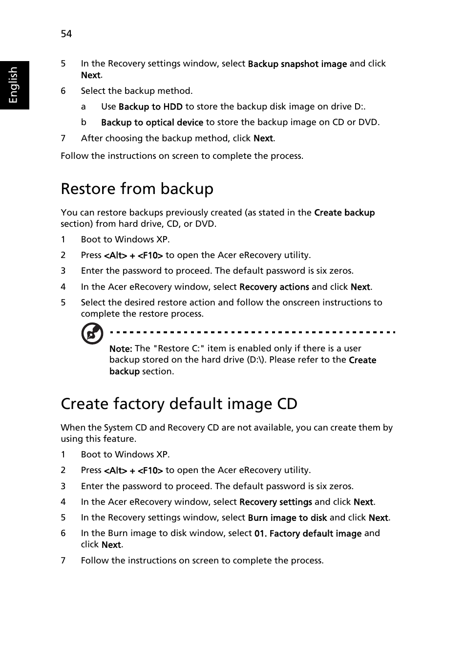 Restore from backup, Create factory default image cd | Acer 3630 User Manual | Page 64 / 81