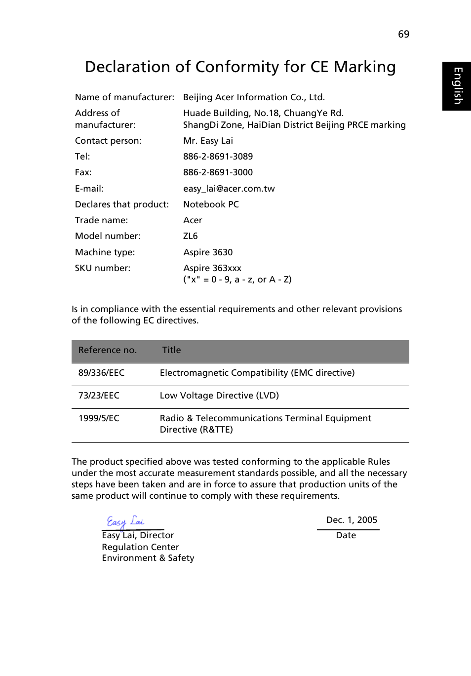 Declaration of conformity for ce marking, Eng lish eng lis h | Acer 3630 User Manual | Page 79 / 81