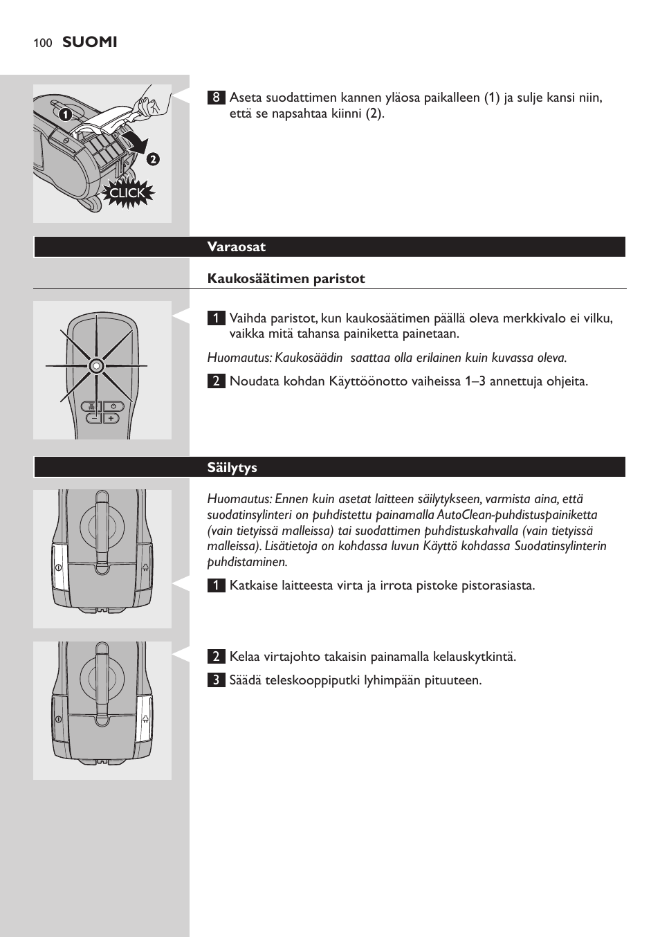 Varaosat, Kaukosäätimen paristot, Säilytys | Philips ErgoFit Beutelloser Staubsauger User Manual | Page 100 / 218