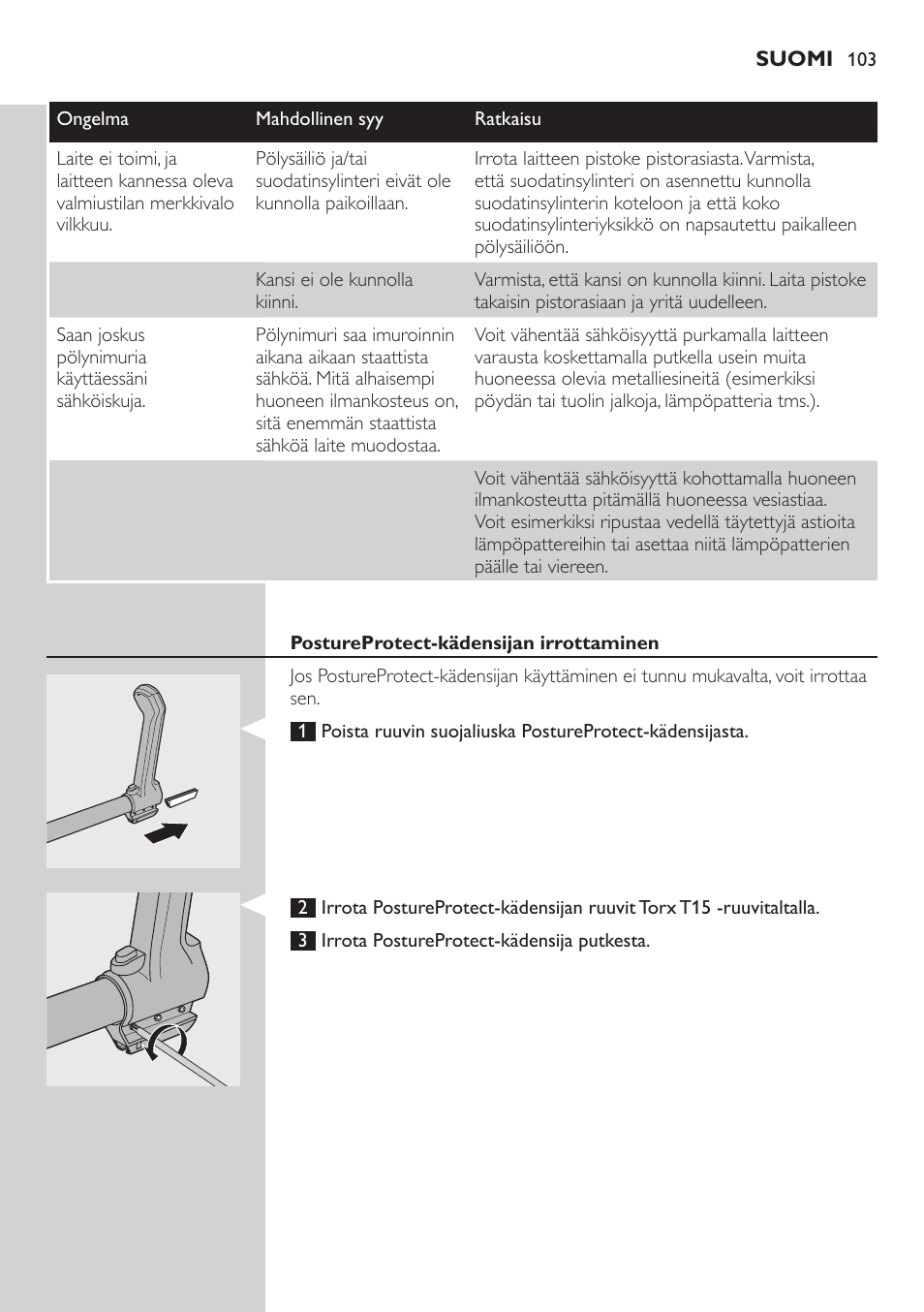 Postureprotect-kädensijan irrottaminen | Philips ErgoFit Beutelloser Staubsauger User Manual | Page 103 / 218