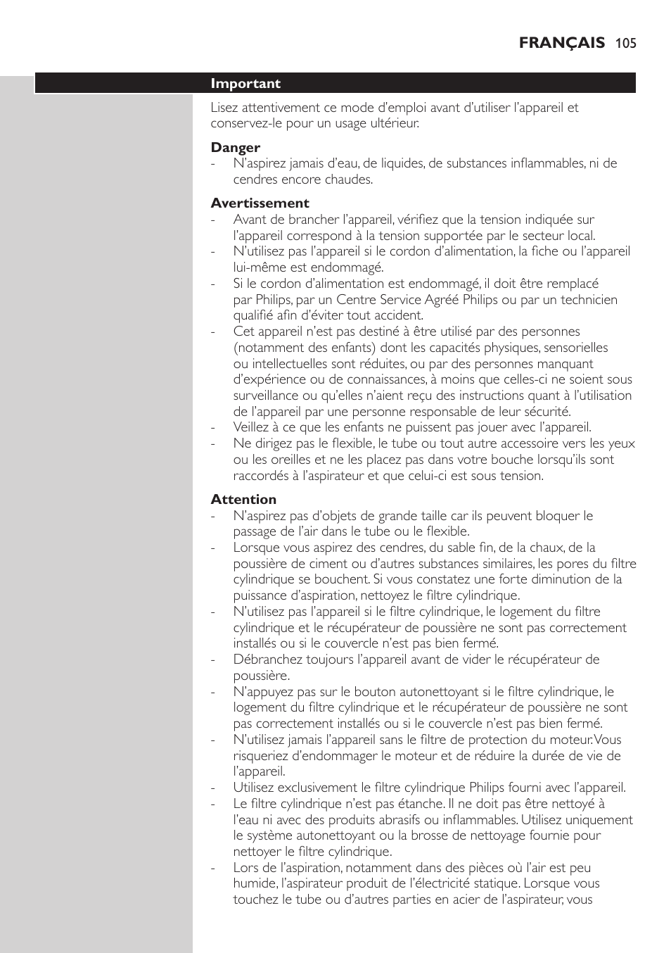 Danger, Avertissement, Attention | Important | Philips ErgoFit Beutelloser Staubsauger User Manual | Page 105 / 218