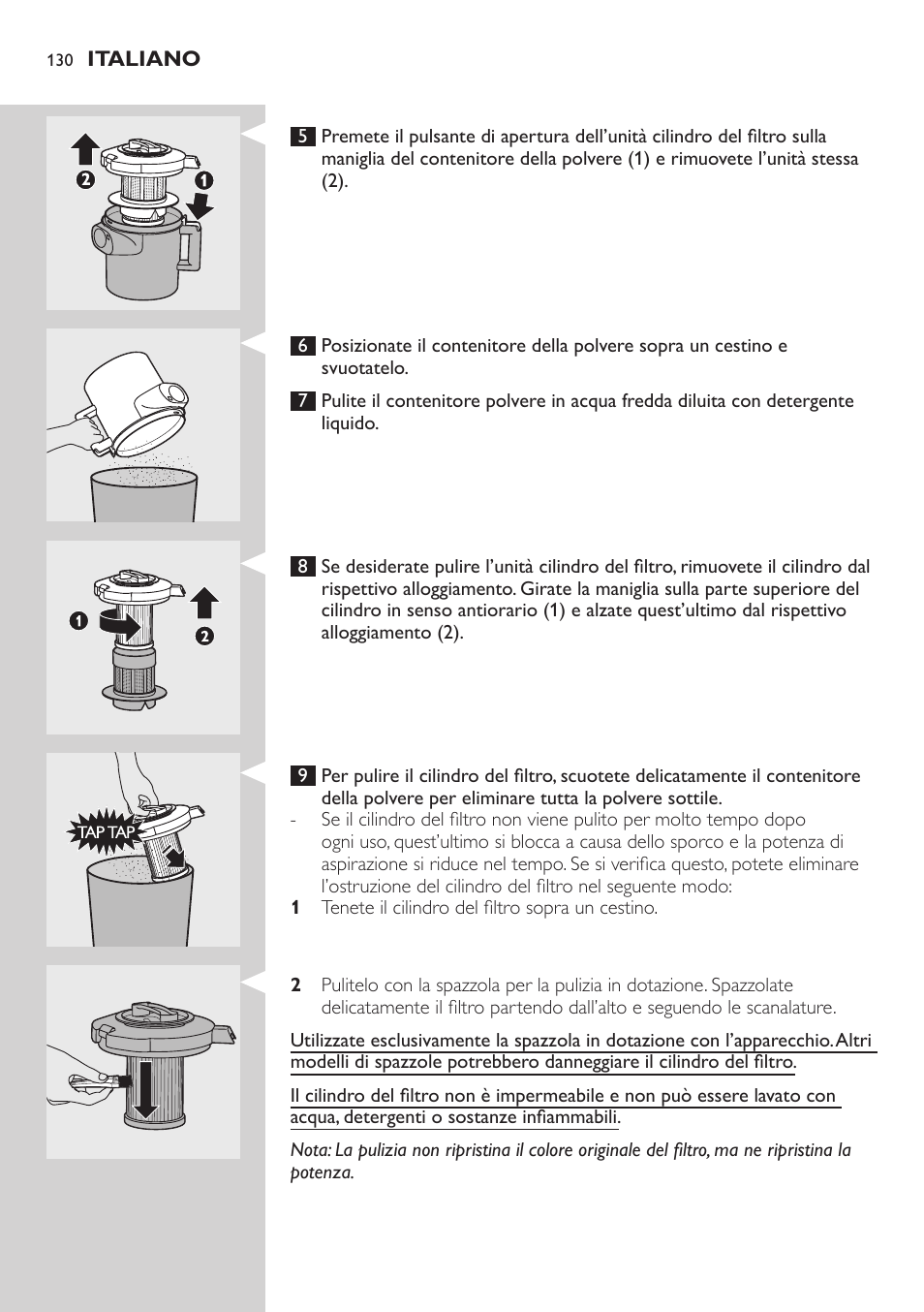 Promemoria per la pulizia del cilindro del filtro, Pulizia e manutenzione | Philips ErgoFit Beutelloser Staubsauger User Manual | Page 130 / 218