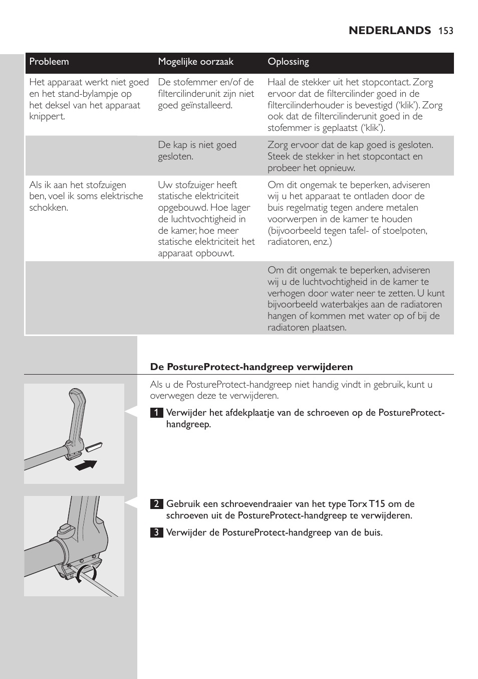De postureprotect-handgreep verwijderen | Philips ErgoFit Beutelloser Staubsauger User Manual | Page 153 / 218