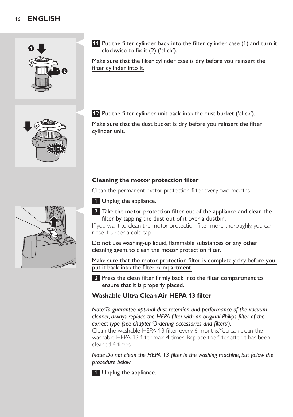 Cleaning the motor protection filter, Washable ultra clean air hepa 13 filter | Philips ErgoFit Beutelloser Staubsauger User Manual | Page 16 / 218
