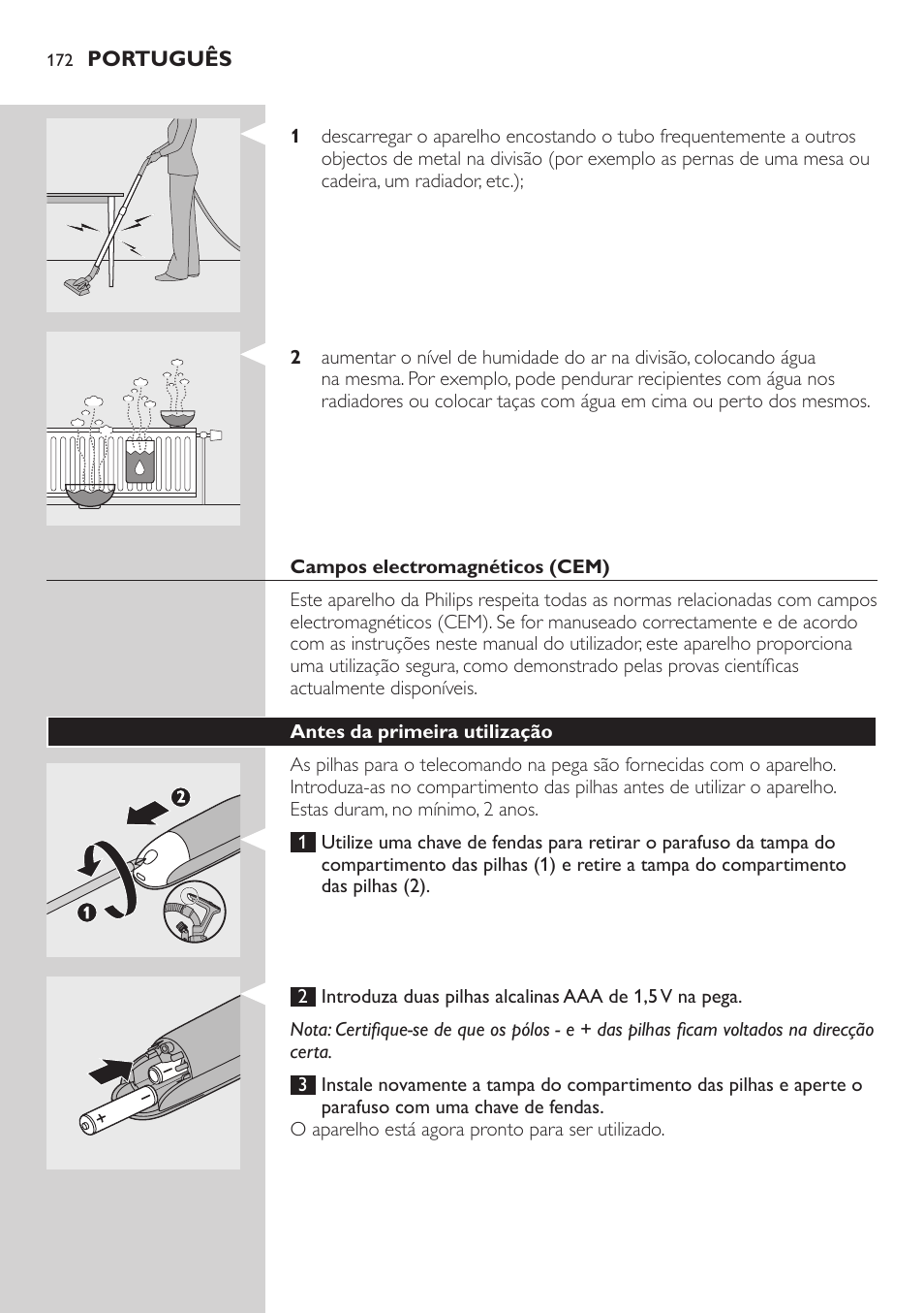 Campos electromagnéticos (cem), Antes da primeira utilização | Philips ErgoFit Beutelloser Staubsauger User Manual | Page 172 / 218