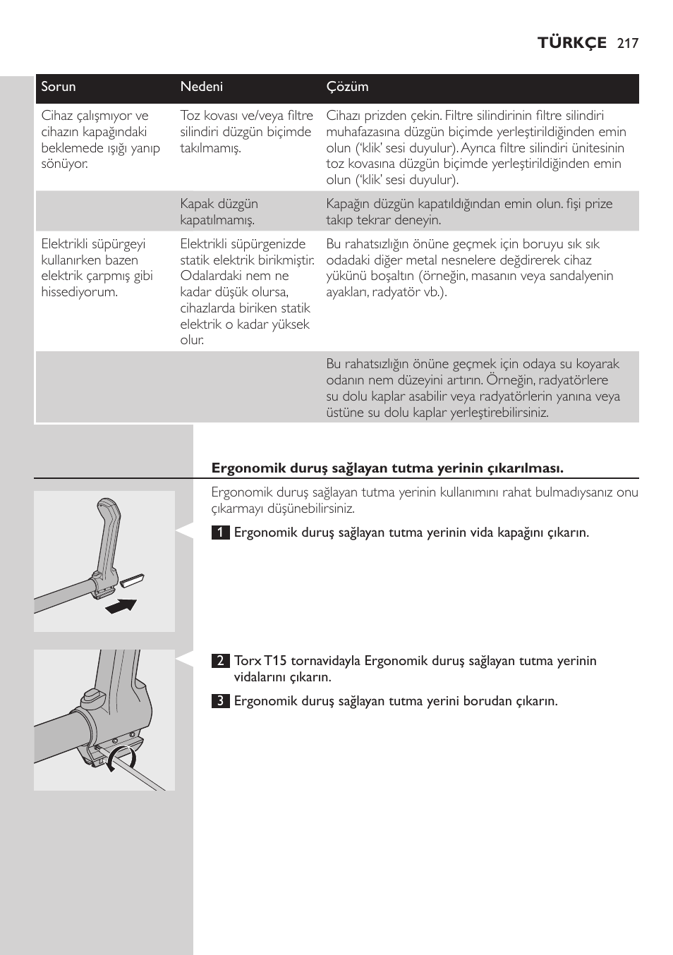 Ergonomik duruş sağlayan tutma yerinin çıkarılması | Philips ErgoFit Beutelloser Staubsauger User Manual | Page 217 / 218