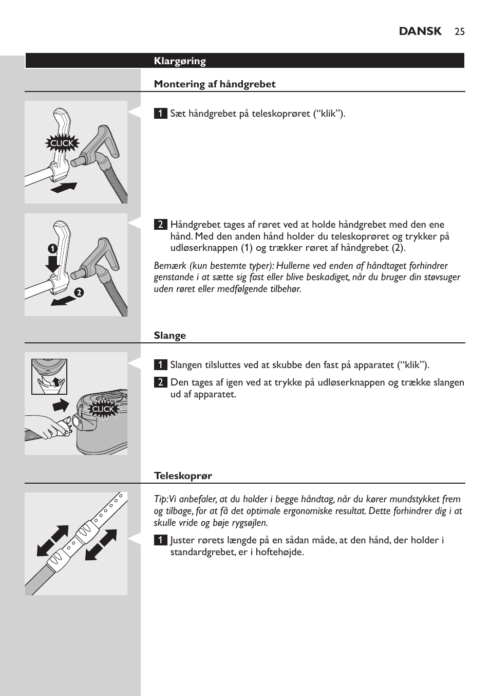 Klargøring, Montering af håndgrebet, Slange | Teleskoprør | Philips ErgoFit Beutelloser Staubsauger User Manual | Page 25 / 218