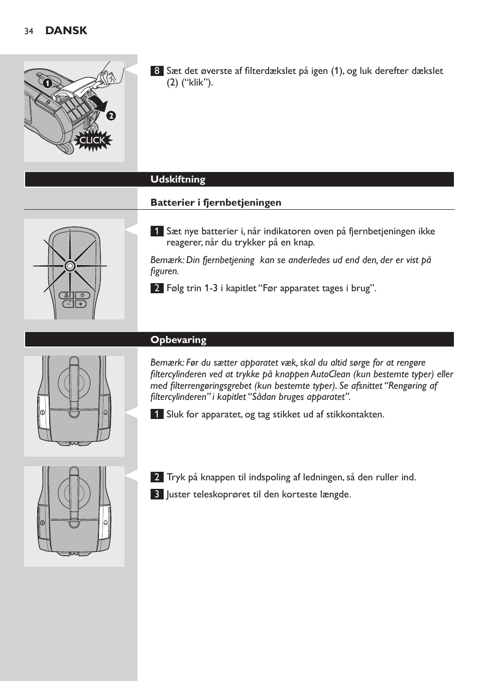 Udskiftning, Batterier i fjernbetjeningen, Opbevaring | Philips ErgoFit Beutelloser Staubsauger User Manual | Page 34 / 218