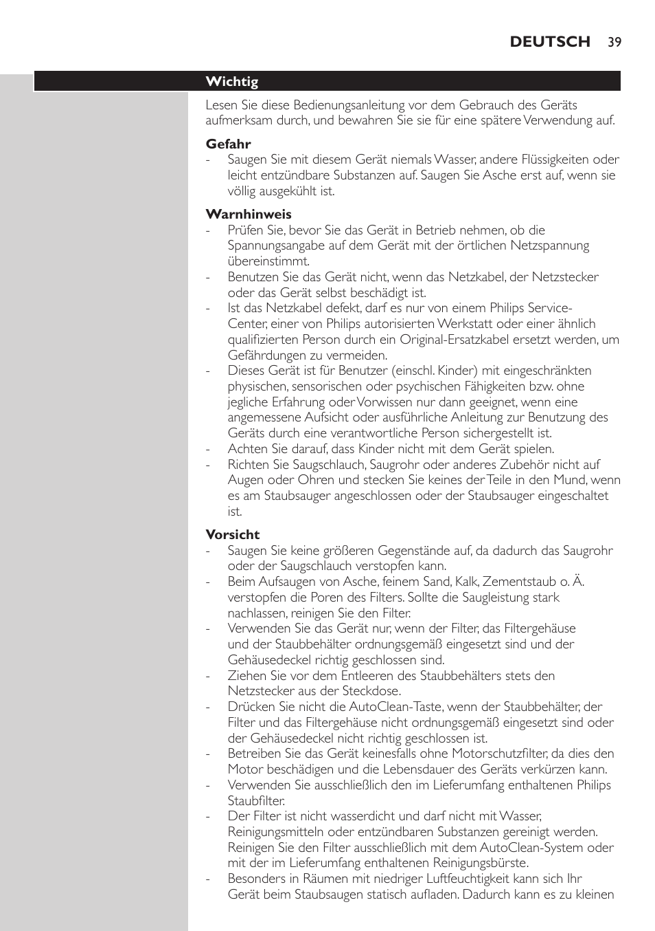 Gefahr, Warnhinweis, Vorsicht | Wichtig | Philips ErgoFit Beutelloser Staubsauger User Manual | Page 39 / 218